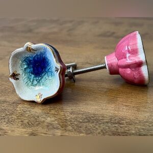 VTG Anthropologie Turquoise Blue Pink Gold Cream Ceramic Knobs Pulls Set of 2